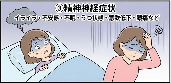 精神神経症状-更年期障害の代表的な症状イライラ・不安感・不眠・うつ状態・意欲低下・頭痛など