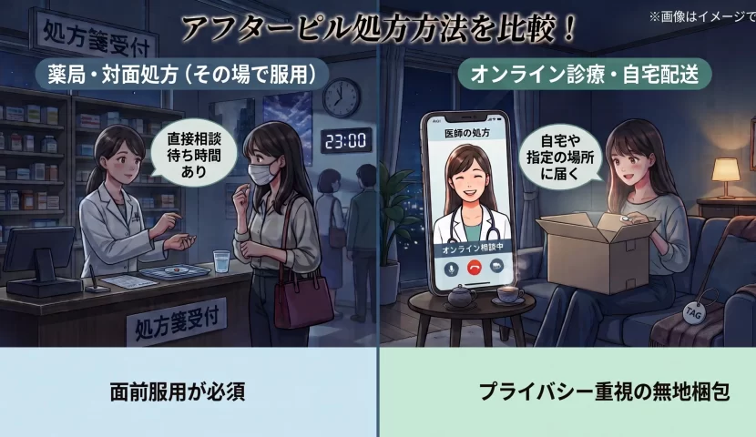 薬局で薬剤師の面前で服用する場合と、オンライン診療で処方を受け自宅へ配送される場合を比較したイラスト