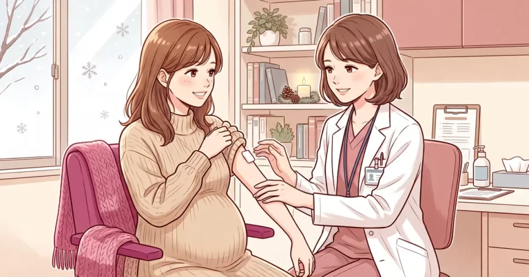 妊娠中の女性が、塩谷茉智子院長からインフルエンザ予防接種を受けている様子